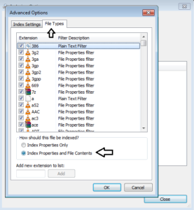 Search - index properties choose file types