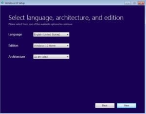 Select your language, Windows edition and architecture