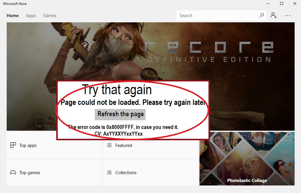 0x8000FFFF Microsoft store page could not be loaded