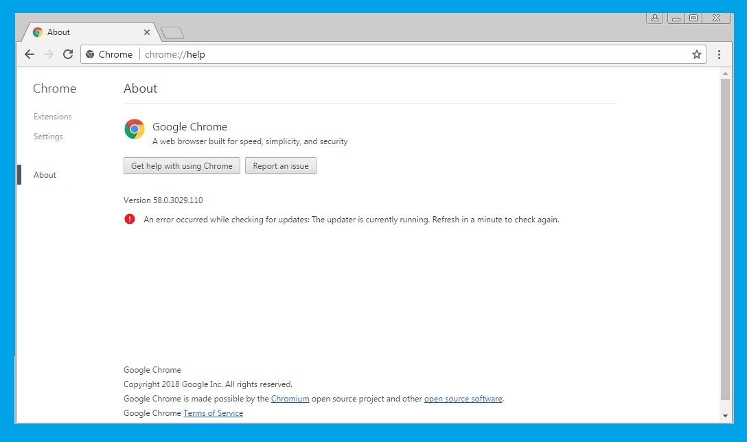 Chrome error while checking for updates