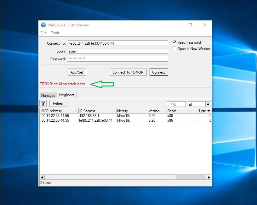 Mikrotik Winbox Error: Could not fetch index