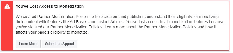 FB You've Lost Access to Monetization