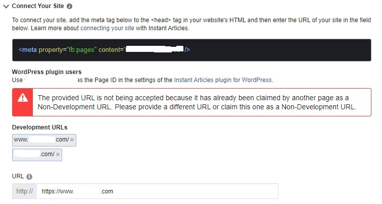 FB Error claiming domain URL as development URL